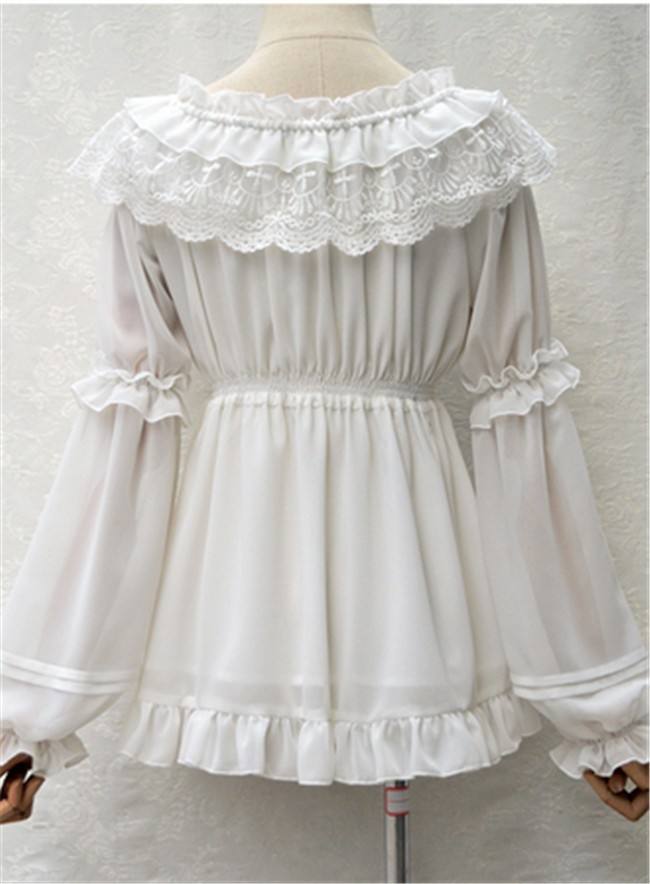 Sweet Lace Chiffon Long Sleeves Round Collar Lolita Blouse White Average
