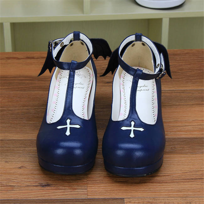 Angelic Imprint- Sweet T-shaped Straps Lolita Square Heel Shoes with Detachable Angel Wings