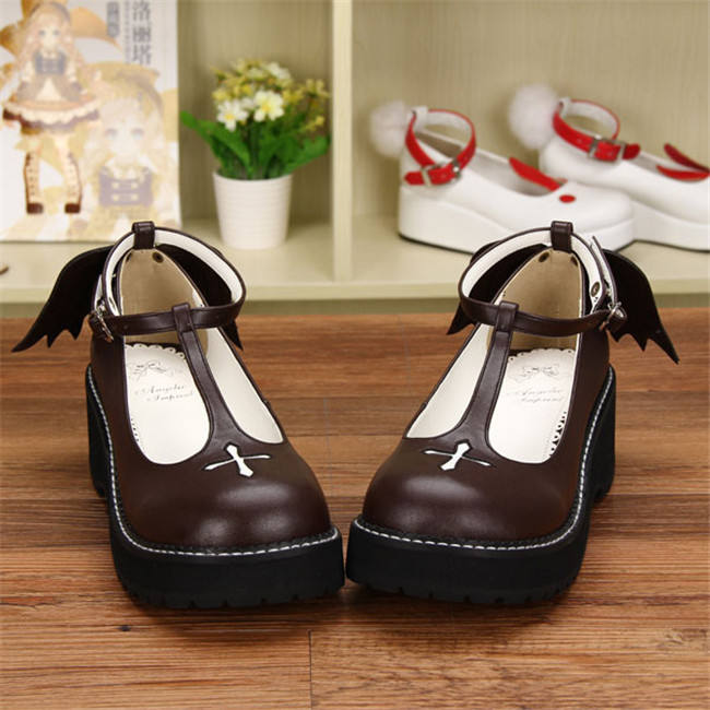 Angelic Imprint- Sweet T-shaped Straps Lolita High Platform Shoes with Detachable Angel Wings