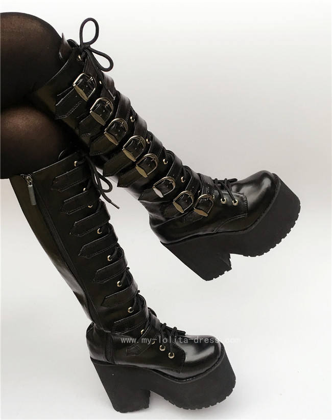 Matte Black Belts Goth Punk Lolita Boots