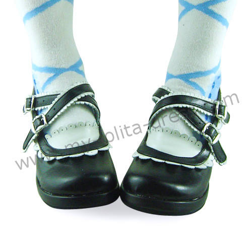 Black White Two Straps Lolita Heels Shoes