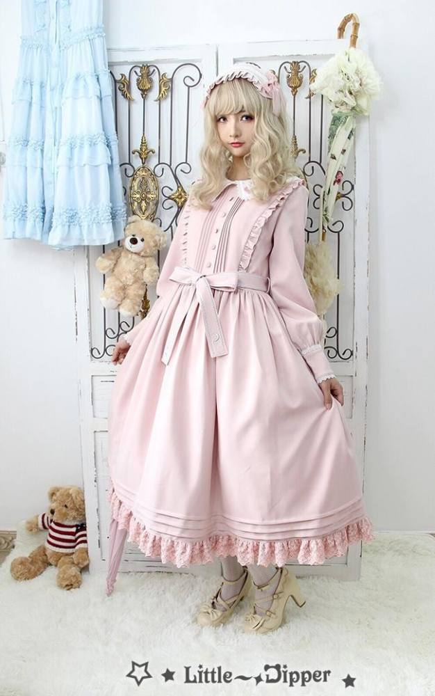 Little Dipper  ~Cat + Moon + Stars~ Embroidery Lolita Long Sleeves OP Dress - Ready Made