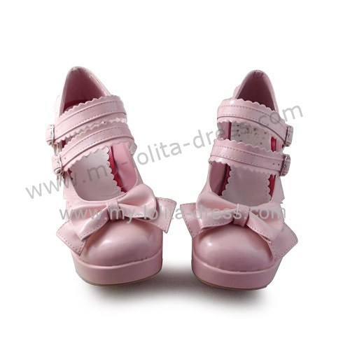 Double Straps Bow Glossy Pink Lolita Shoes