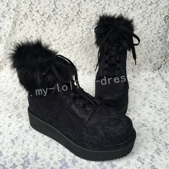 Gothic Black Velvet Lolita Short Boots with Lace and Furs