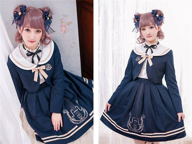 Magic Music School~ College Style Bass Embroidery Lolita Coat + Skirt Set