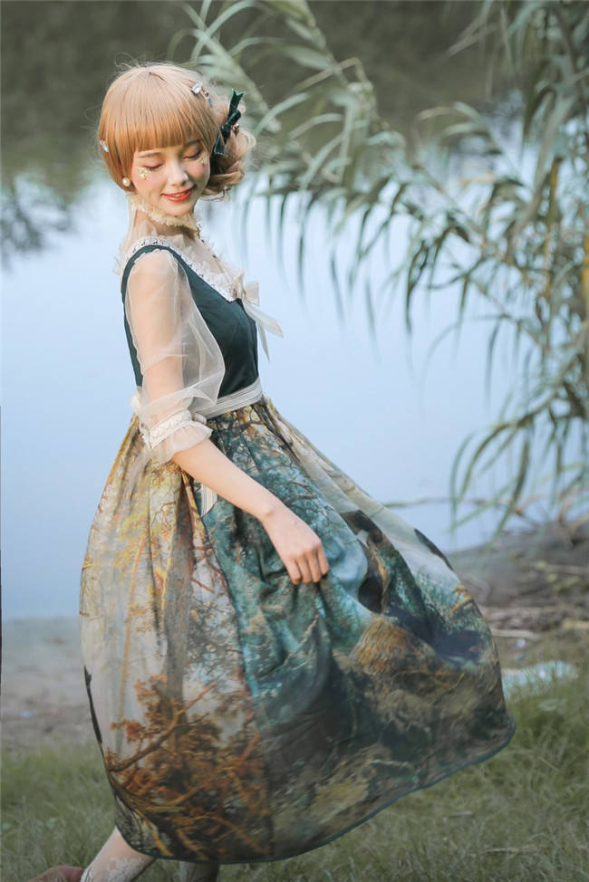 Pine Trees Forest Morning Vintage Lolita Dress-Ready Made
