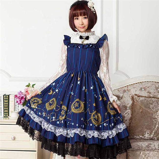 Vintage Dark Blue Stars & Moons Printed Lolita JSK