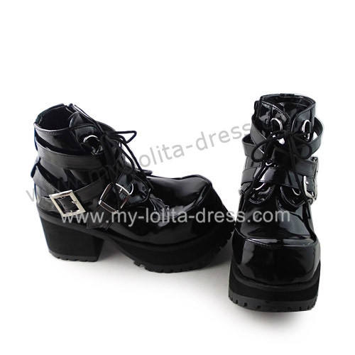 Glossy Black Gothic Punk Belts Lolita Shoes