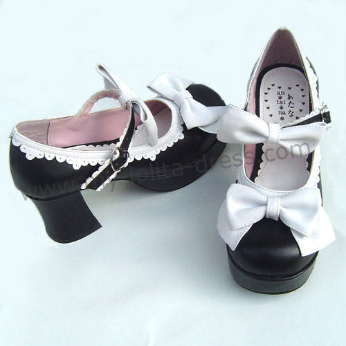 Black White Two Bows Lolita Shoes