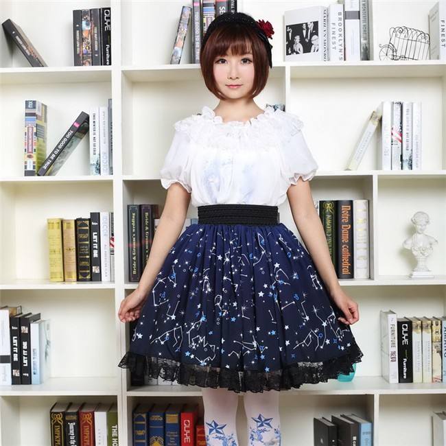 Sweet Dark Blue Constellation Printed Lolita Pleated Skirt