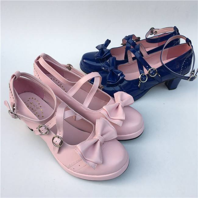 Black Bows Crossed Straps Matte Lolita Shoes Classic