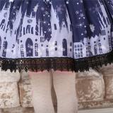 Dark Blue Gothic Lolita Pleated Skirt with Church Pattern