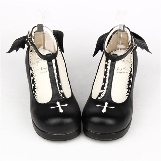 Angelic Imprint- Sweet T-shaped Straps Lolita Square Heel Shoes with Detachable Angel Wings
