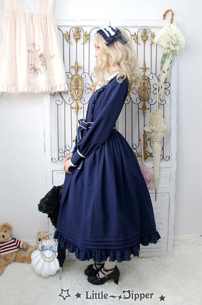Little Dipper  ~Cat + Moon + Stars~ Embroidery Lolita Long Sleeves OP Dress - Ready Made