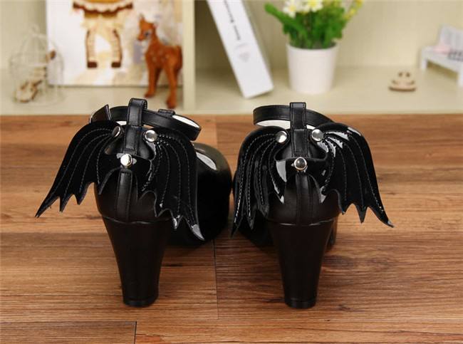 Angelic Imprint- Gothic T-shaped Straps Lolita Heels Shoes with Detachable Angel Wings