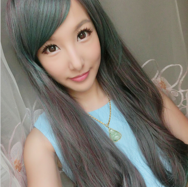 (BFM) Rosy Brown Peacock Green Sweet Long Curls Lolita Wig