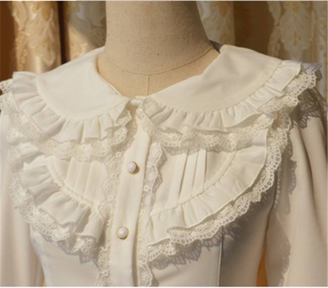 Elegant Cambric Chiffon Long Sleeves Lolita Blouse Black Size XL In Stock
