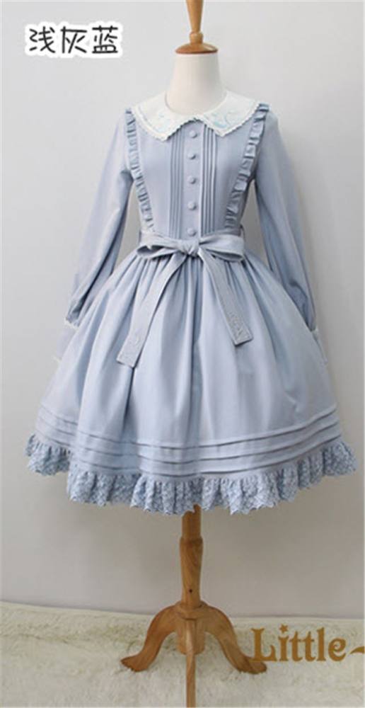 Little Dipper  ~Cat + Moon + Stars~ Embroidery Lolita Long Sleeves OP Dress - Ready Made
