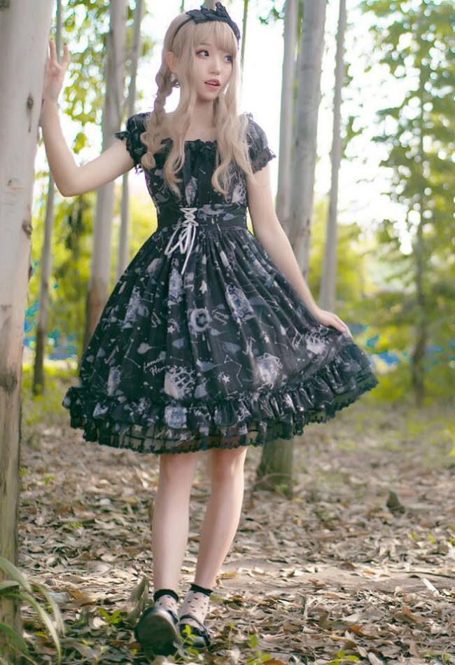 Lemon Honey ~Bear Constellation~ Fly Sleeves Printed Lolita JSK Black M In Stock