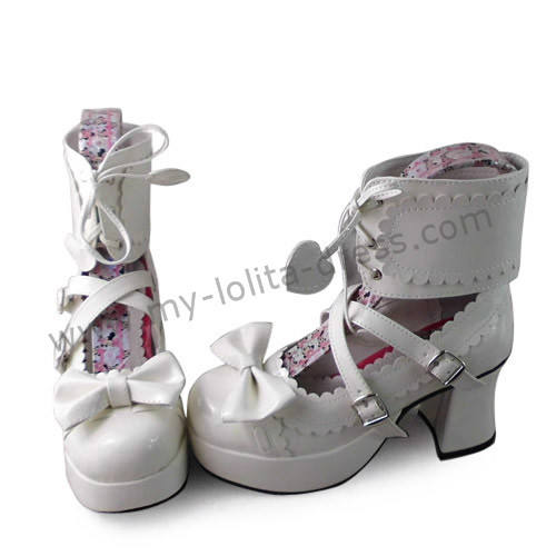 Glossy White Ankle Belt Bows Lolita Princess Shoes