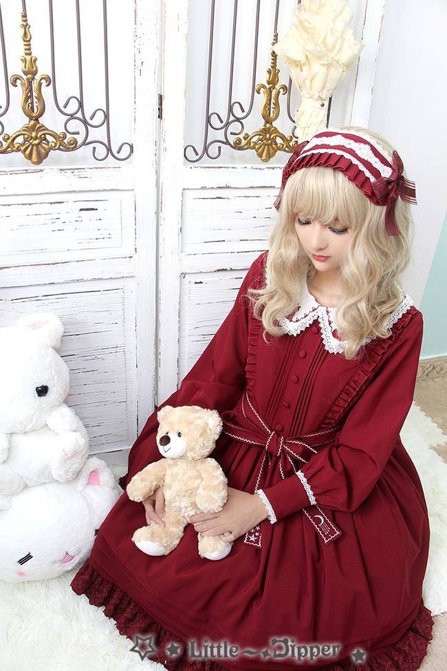 Little Dipper  ~Cat + Moon + Stars~ Embroidery Lolita Long Sleeves OP Dress - Ready Made