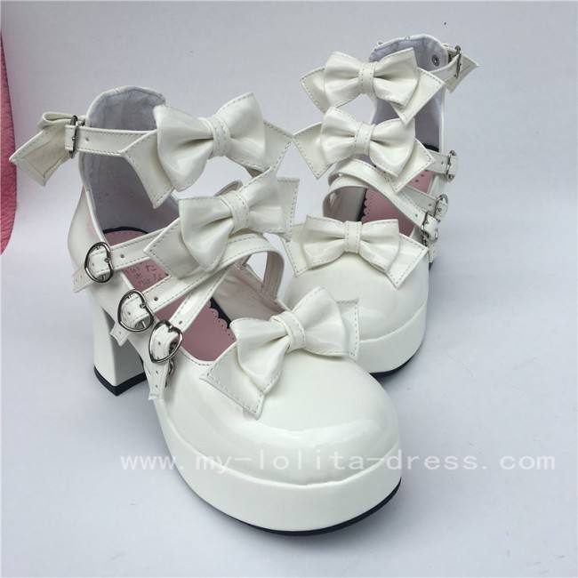 Sweet White Glossy Bows Straps Lolita Shoes
