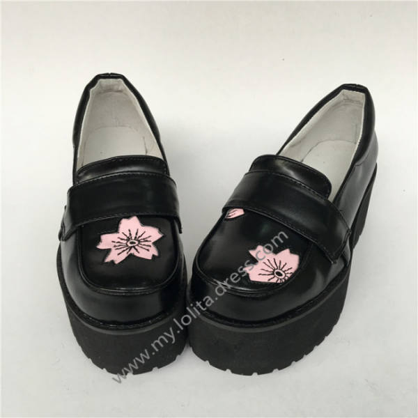High Platform Sweet Black Lolita Shoes with Pink Sakura Pattern