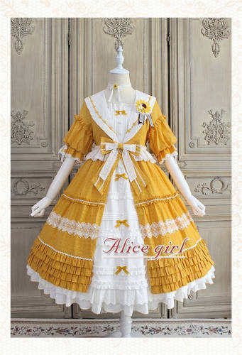 Alice Girl ~Sunflower Classic Lolita Short Sleeves OP -Pre-order Green&Yellow In Stock