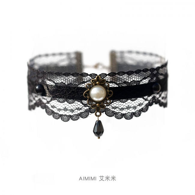 Romantic Black Lace Bowknot Pearl Lolita Choker