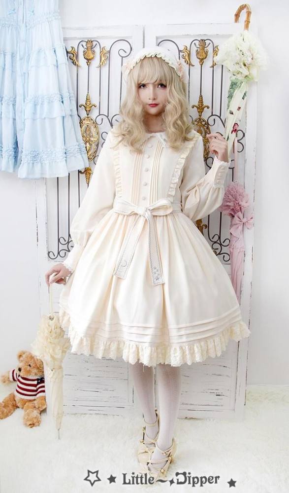 Little Dipper  ~Cat + Moon + Stars~ Embroidery Lolita Long Sleeves OP Dress - Ready Made