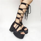 Unique High Platform Black Velvet Lace-up Lolita Sandals