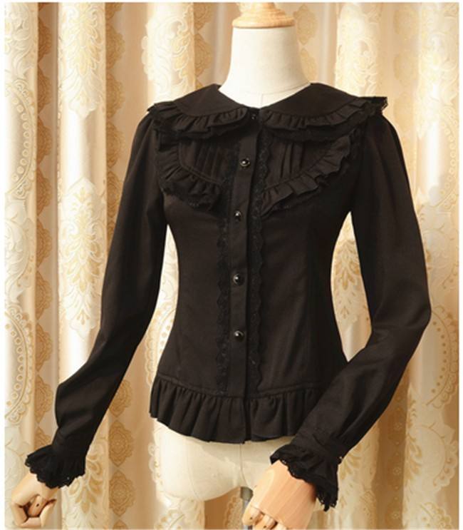 Elegant Cambric Chiffon Long Sleeves Lolita Blouse Black Size XL In Stock