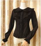 Elegant Cambric Chiffon Long Sleeves Lolita Blouse Black Size XL In Stock