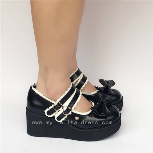 Black Top Bow Lolita Shoes White Trim