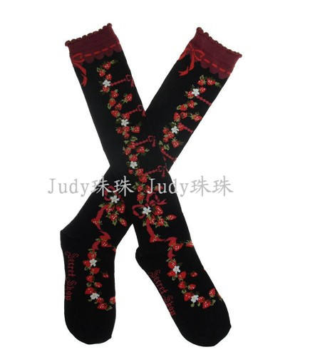 Bows Printed Black Long Lolita Socks - IN STOCK