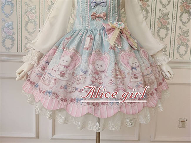 Alice Girl ~The Kitty's Tea Party Sweet Lolita OP/Salopette -Pre-order Pink Size S - In Stock