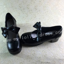 Sweet Matte Black Lolita Square Heels Shoes with Bowknots