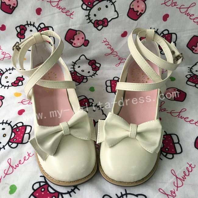 White Shiny Low Heels Lolita Shoes