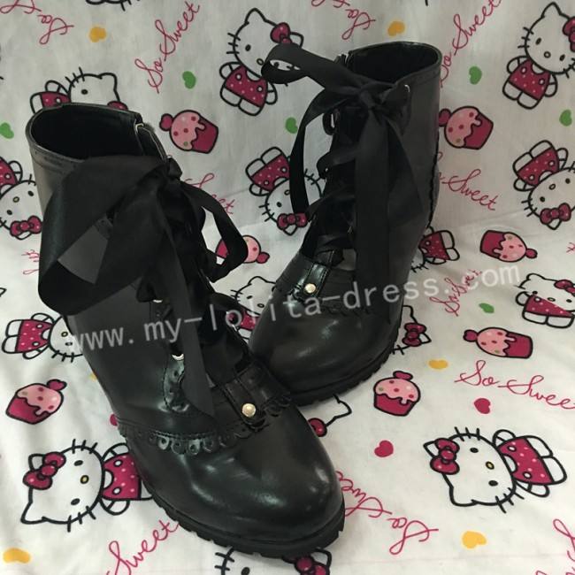 Sweet Matte Black Lolita Heels Boots with Laces
