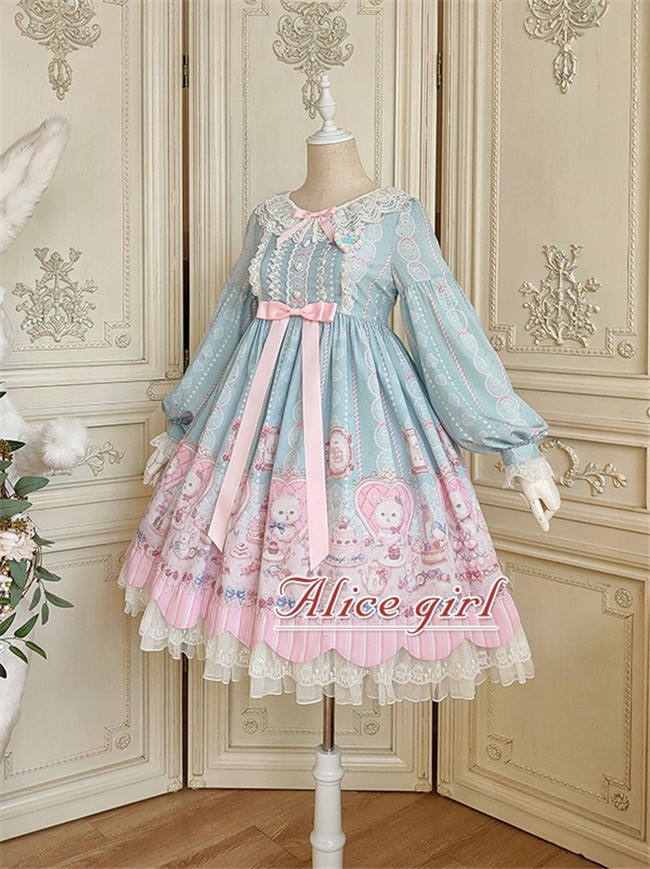 Alice Girl ~The Kitty's Tea Party Sweet Lolita OP/Salopette -Pre-order Pink Size S - In Stock