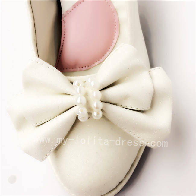 Elegant White Bow Pearls Lolita Heels Shoes