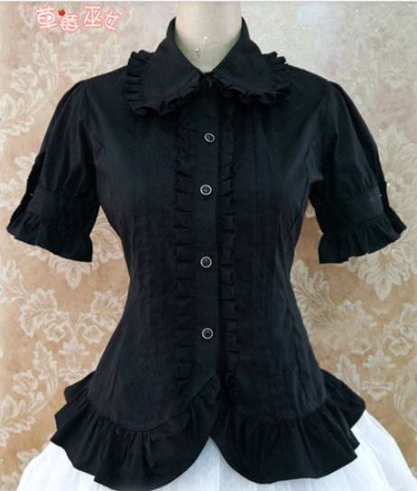 Cotton Short Sleeves Ruffles Bows Lolita Shirt 7 Colors Pink S & Khaki M - In Stock