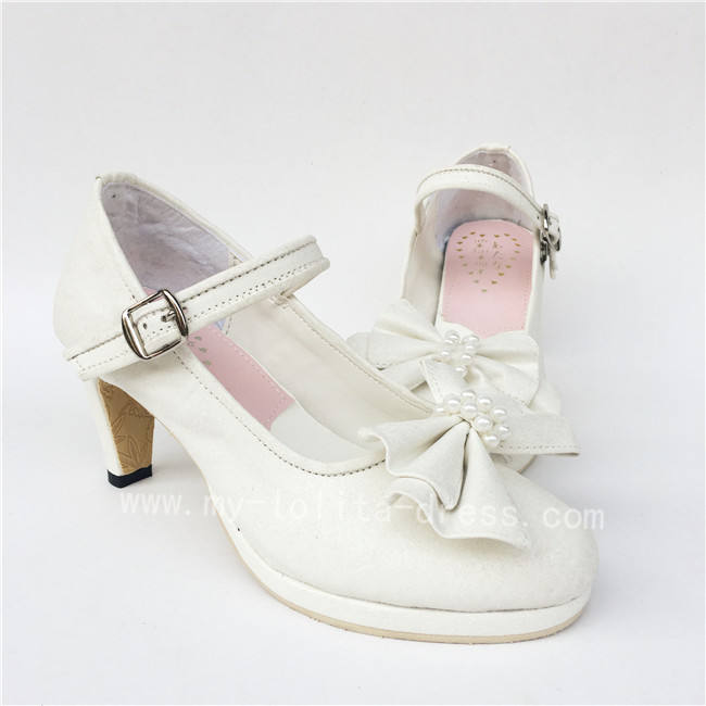 Elegant White Bow Pearls Lolita Heels Shoes