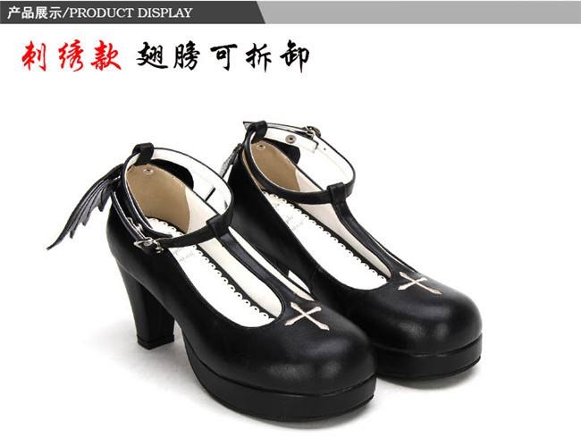 Angelic Imprint- Gothic T-shaped Straps Lolita Heels Shoes with Detachable Angel Wings