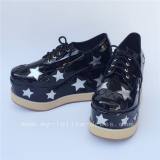 High Platform Glossy Black Lolita Shoes with Silver Stars Design
