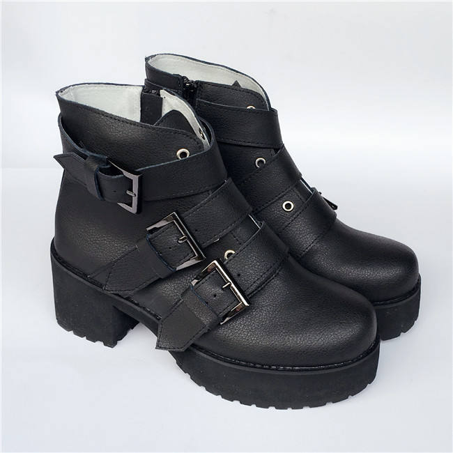 Matte Black Buckles Lolita Short Boots
