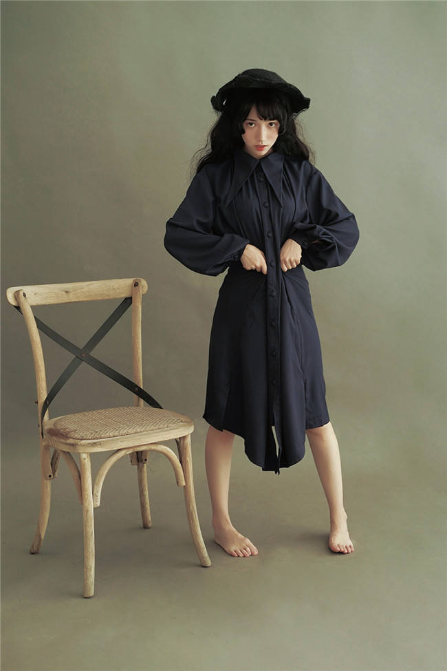 Vintage Unicolor Wing Collar Lolita OP Dress - Ready Made Navy M In Stock