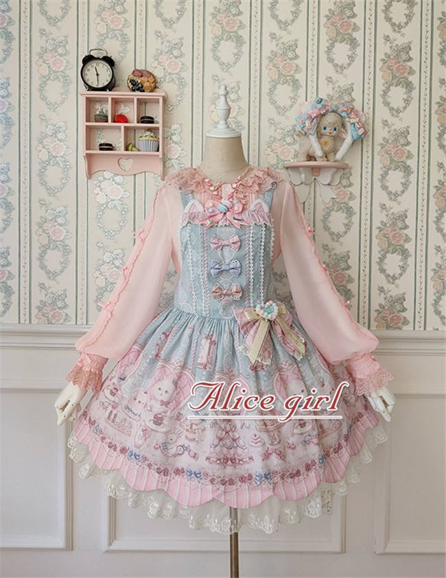 Alice Girl ~The Kitty's Tea Party Sweet Lolita OP/Salopette -Pre-order Pink Size S - In Stock