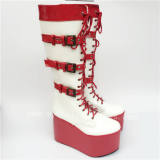 High Platform Red White Lace-up Knee Lolita Boots