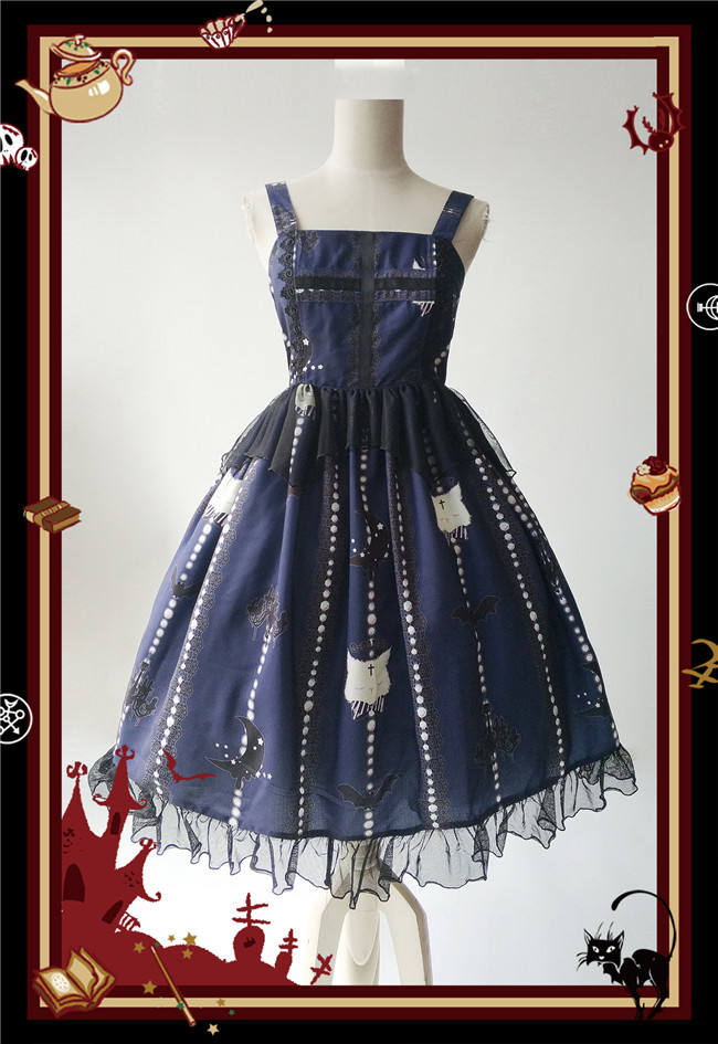 The Cat Cross~ Halloween Lolita JSK Dress + Headbow Navy Blue Size M - In Stock